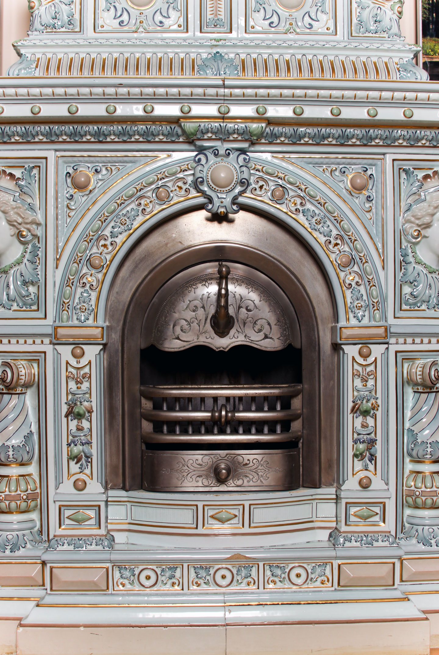 Detail on one of the 11 tile stoves in the Turnblad Mansion
